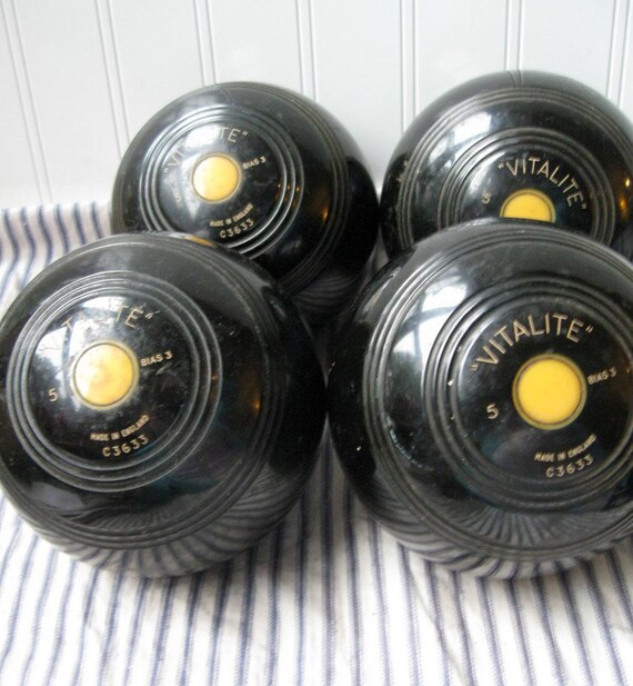 4 Vintage Vitalite Bocce balls Yellow dot Lawn bowling made in