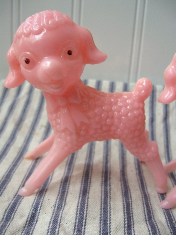 2 vintage lambs pink plastic sheep Easter decor Mid century