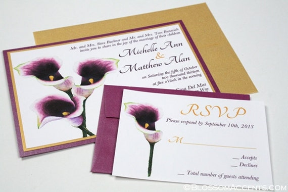 Plum calla lily wedding invitations