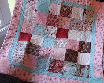 Blush Handmade Lap Quilt - Pinks, Aquas, Whites, Browns and Red