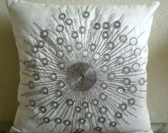 Handmade Ivory Pillows Cover, 16"x16" Silk Pillowcase, Square Medallion Sequins & Beaded Throw Pillows Cover - Silver Moons