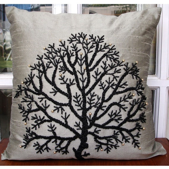 pillow cover 35x35 Tree Throw Beaded Silver Decorative Cover Luxury Pillows