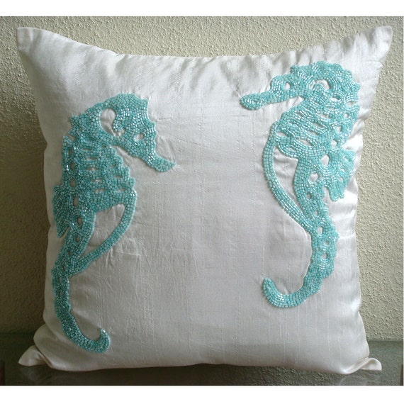 thehomecentric - Handmade White Decorative Pillows Cover, Beaded Sea Horse Beach And Ocean Theme ...