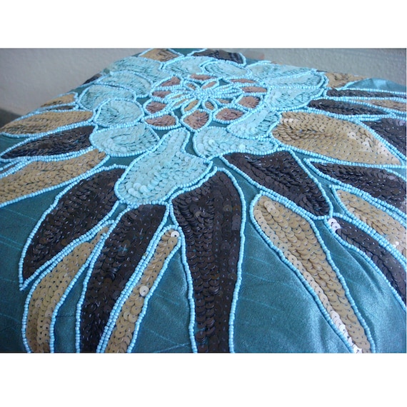thehomecentric - Blue Throw Pillows Cover For Couch, Square Sequins & Beaded Flower Medallion ...