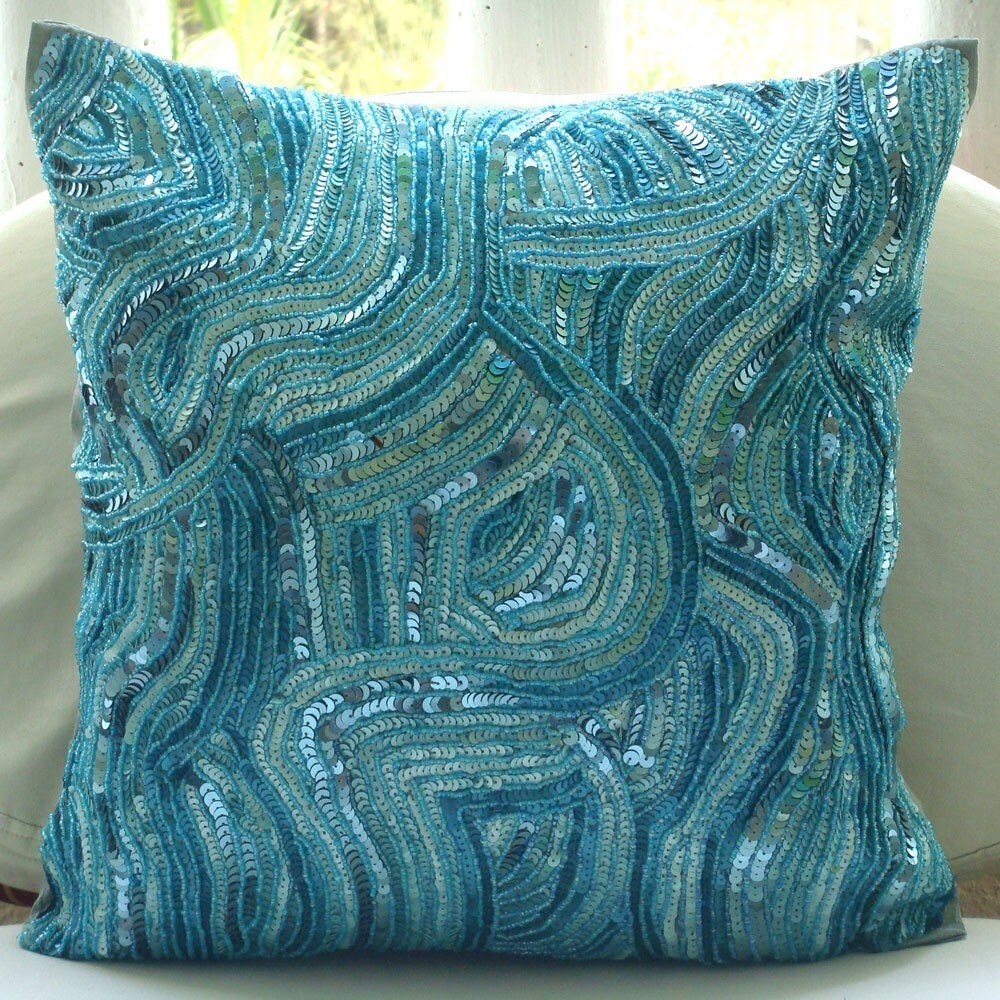 Blue Accent Pillows 16x16 Silk Throw Pillows