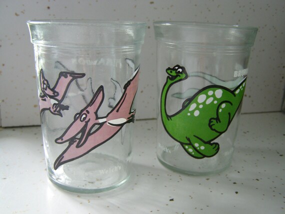 Two Welchs Dinosaur Drinking Glasses Vintage Jelly / Jam