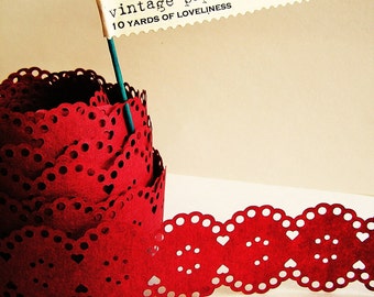 Merlot Red Vintage paper lace Ribbon/ trim - for gift wrapping, altered art, scrapbooking, decorating, weddings, party supply, holiday
