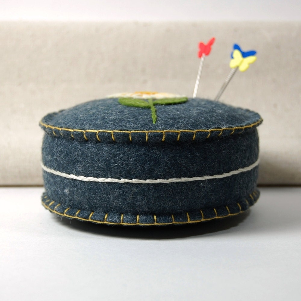 Wool Felt Pincushion Ivory Daisy Flower Hand Embroidered on