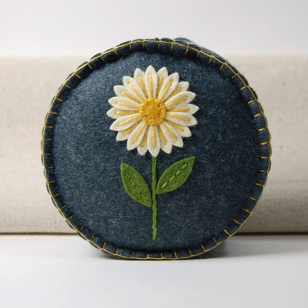 Wool Felt Pincushion Ivory Daisy Flower Hand Embroidered on