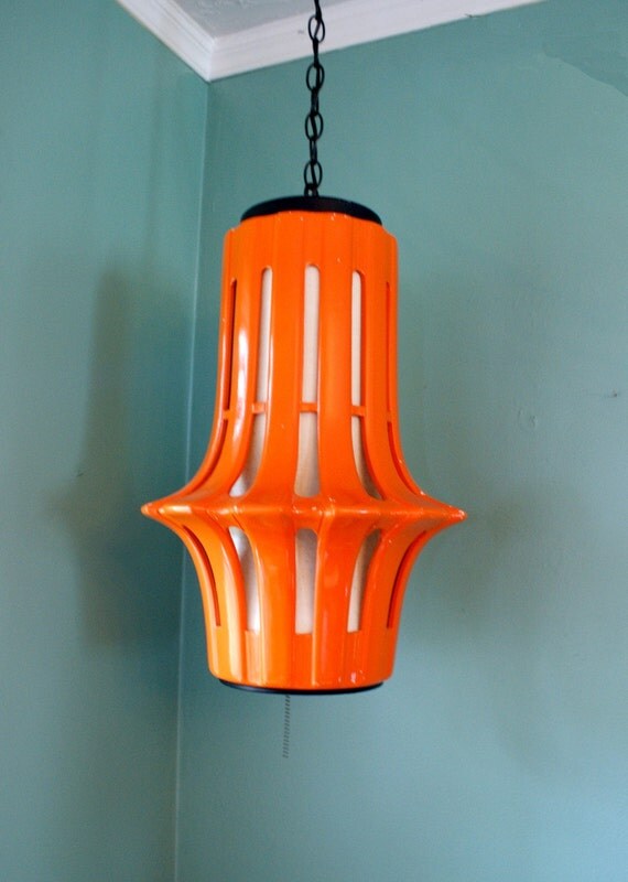 Vintage Orange Ceramic Hanging Swag Lamp Fixture 1960s Mod