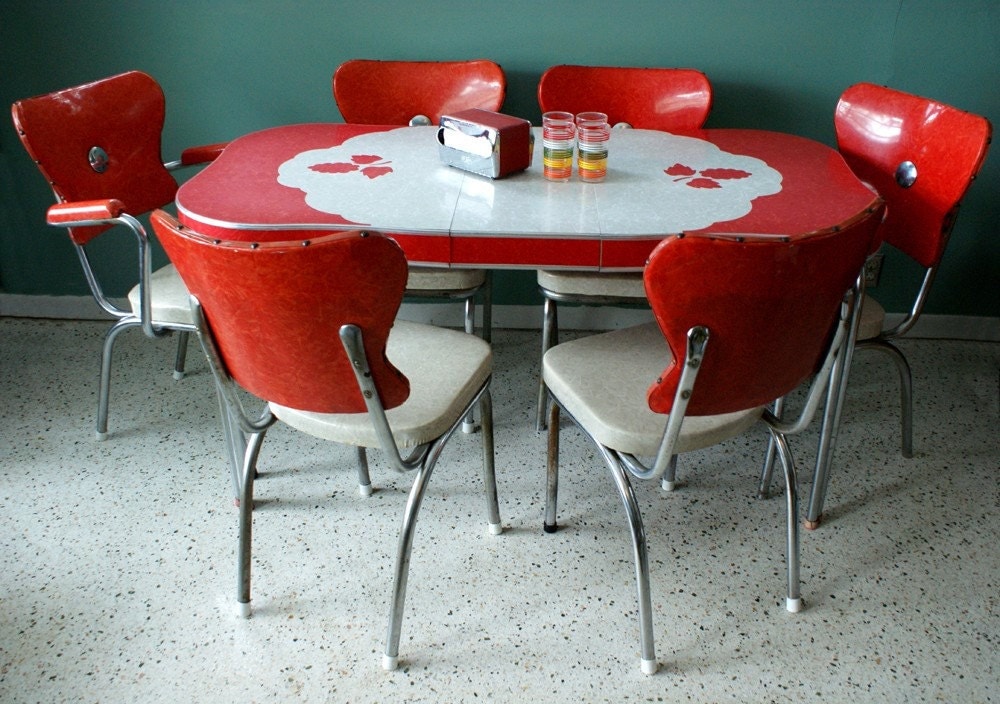 1950S Metal Kitchen Table And Chairs / Vintage 1950s Red Kitchen Diner