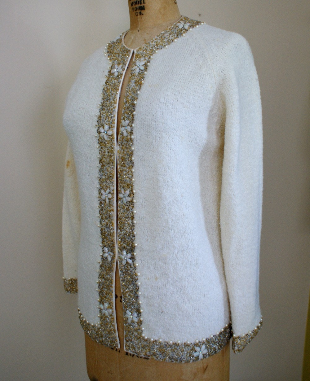 Vintage Beautiful Cream Beaded Sweater Jacket Small Medium