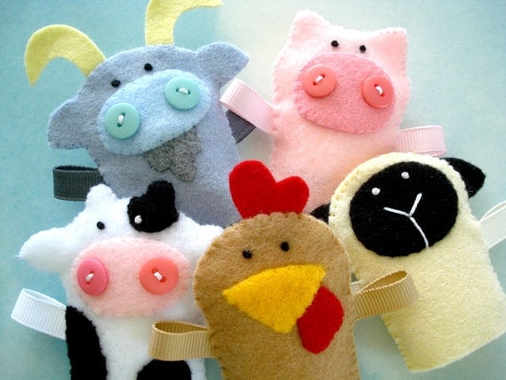 Farm Animal Felt Finger Puppets Sewing Pattern - PDF ePATTERN for Goat, Pig, Cow, Hen, Sheep & Carrying Case