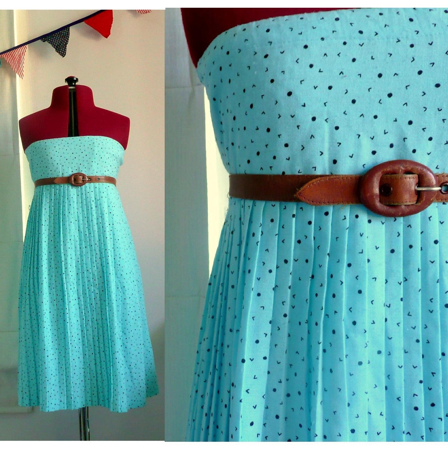 SALE. Tiffany Skirt. 1980s aqua blue pleated skirt dress with