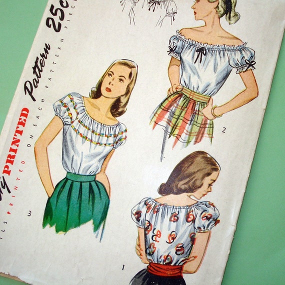 1940s Vintage Sewing Pattern Off Shoulder Peasant Blouse