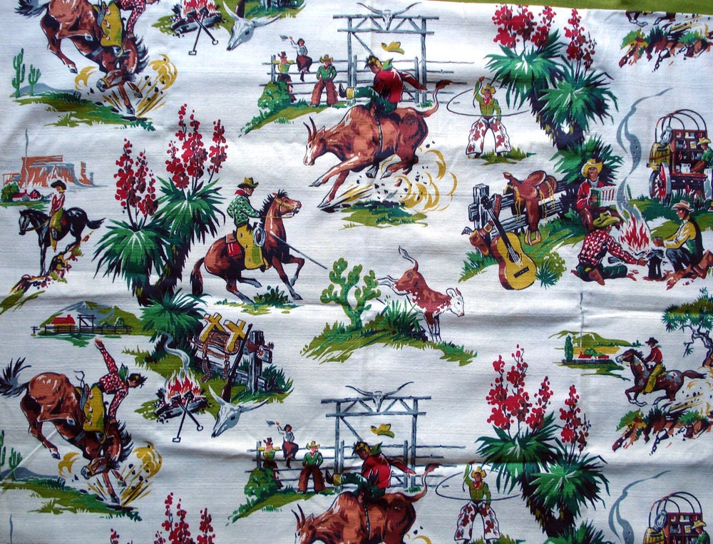 1950s Vintage Barkcloth Fabric Western Cowboy Print Rodeo