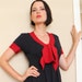 Red Navy Dress w Large Bow at V-neck, Jersey Knit Dress, US size 4, Knee Length, Short Sleeved, Large Bow, Nautical.