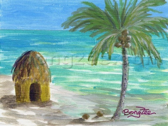 MY LITTLE TIKI HUT Original Matted Oil Painting 4x6 Art