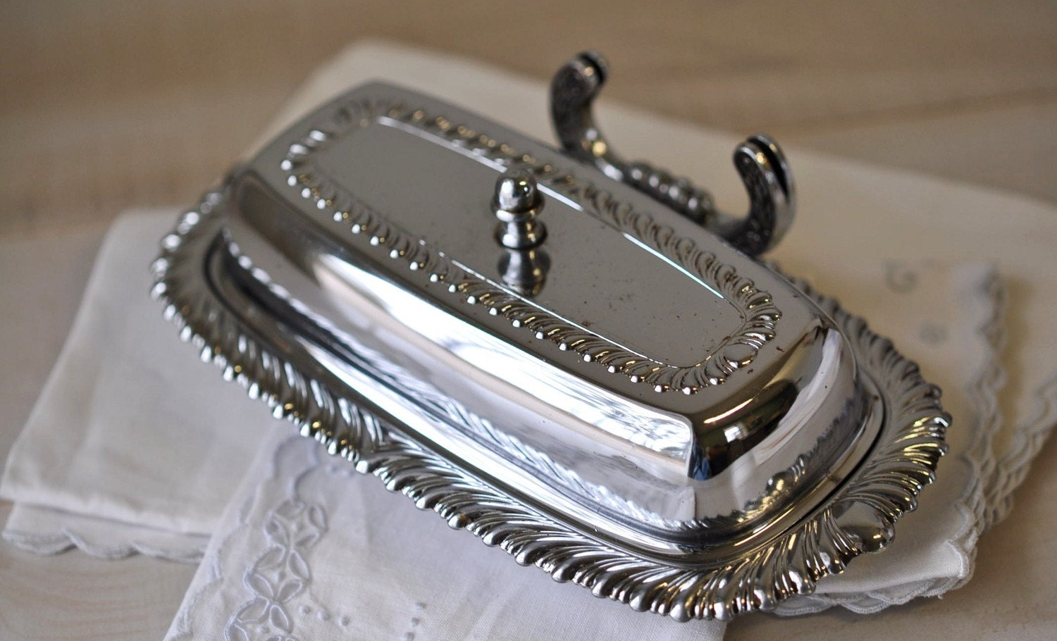 vintage silver butter dish with butter knife holder