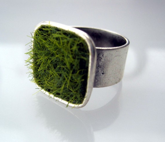 Lush Green Grass Silver Square Adjustable Wide Band Ring - the original