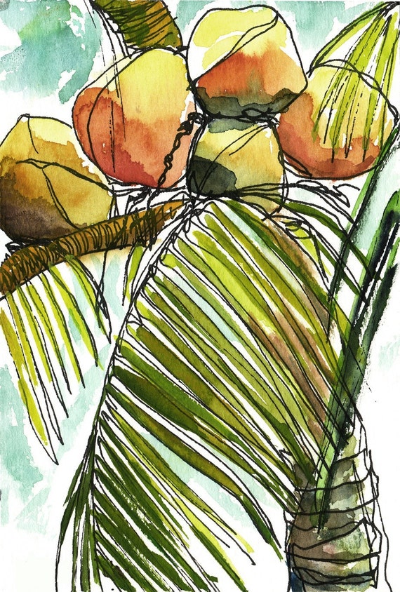 Art Painting Watercolor Tropical Coconuts Palm Tree PRINT