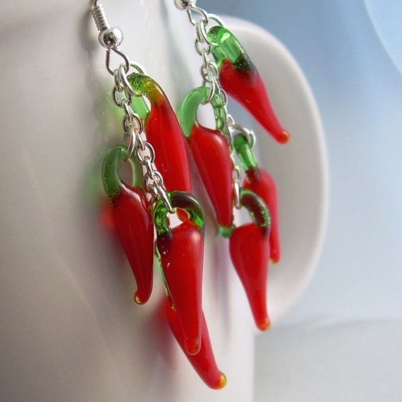 Red Hot Chili Pepper Earrings Lampwork Glass Food Jewelry