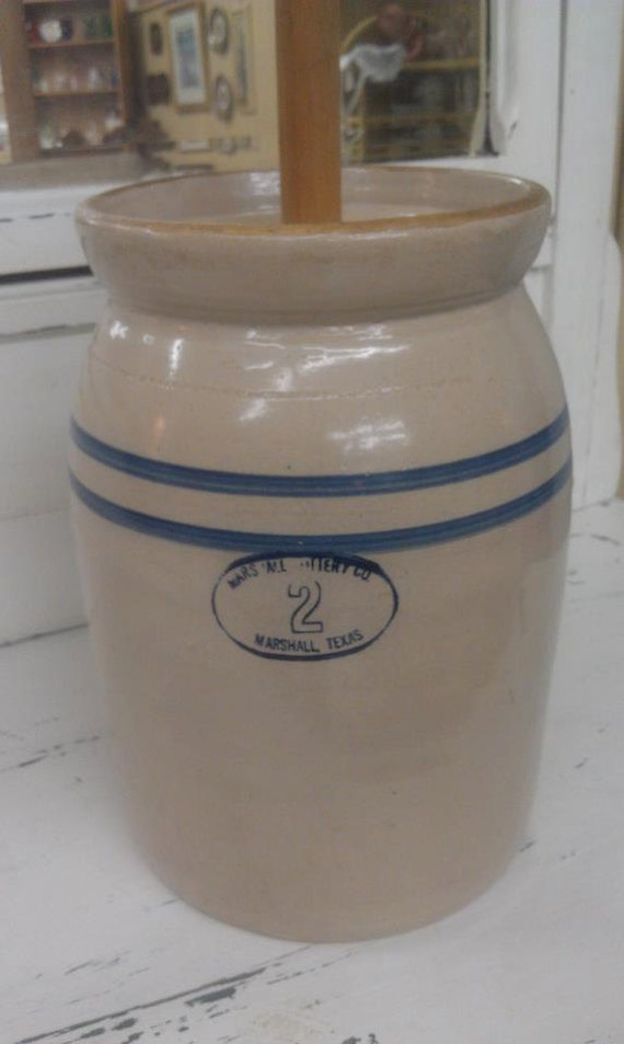 Antique Marshall TX 2 Gallon Butter Churn pottery blue