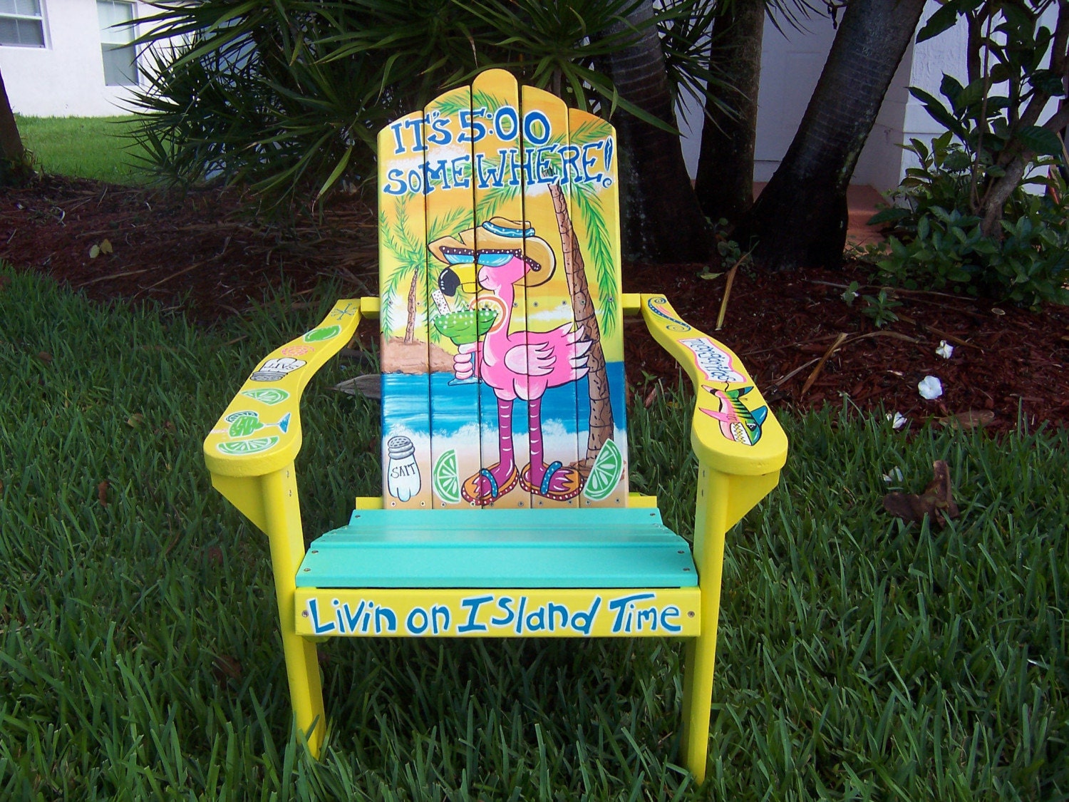 Tropical Adirondack Chair Handcrafted Hand Painted Flamingo