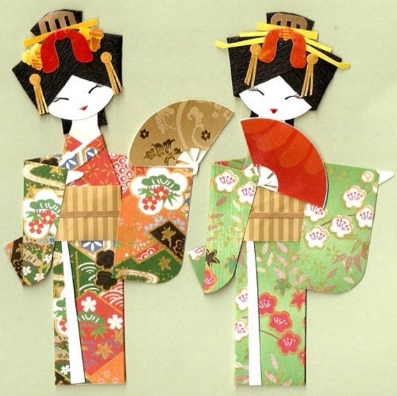 JAPANESE ORIENTAL GEISHA IN KIMONO WITH FAN ORIGAMI PAPER DOLL