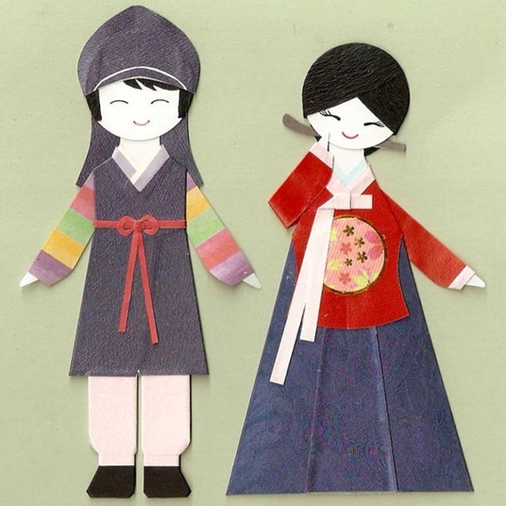 KOREAN ORIENTAL BOY AND GIRL in HANBOK Paper Doll Card Topper