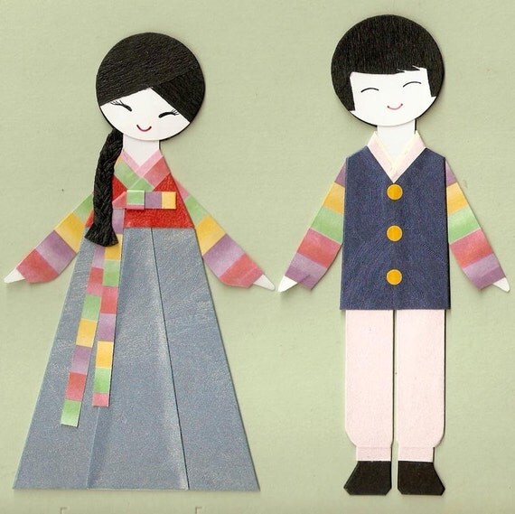 KOREAN ORIENTAL BOY AND GIRL IN HANBOK PAPER DOLL CARD TOPPER