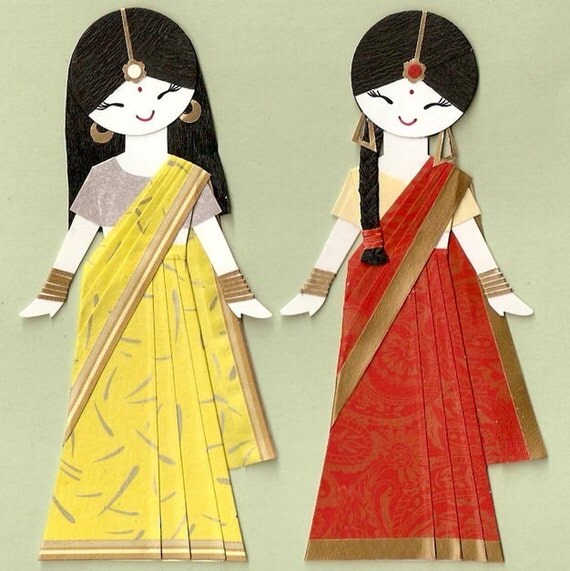 INDIAN GIRL IN SARI PAPER DOLL CARD TOPPER SET OF 2