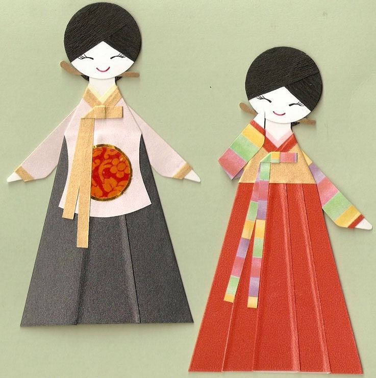 KOREAN ORIENTAL GIRL IN HANBOK AND DANGUI PAPER DOLL CARD