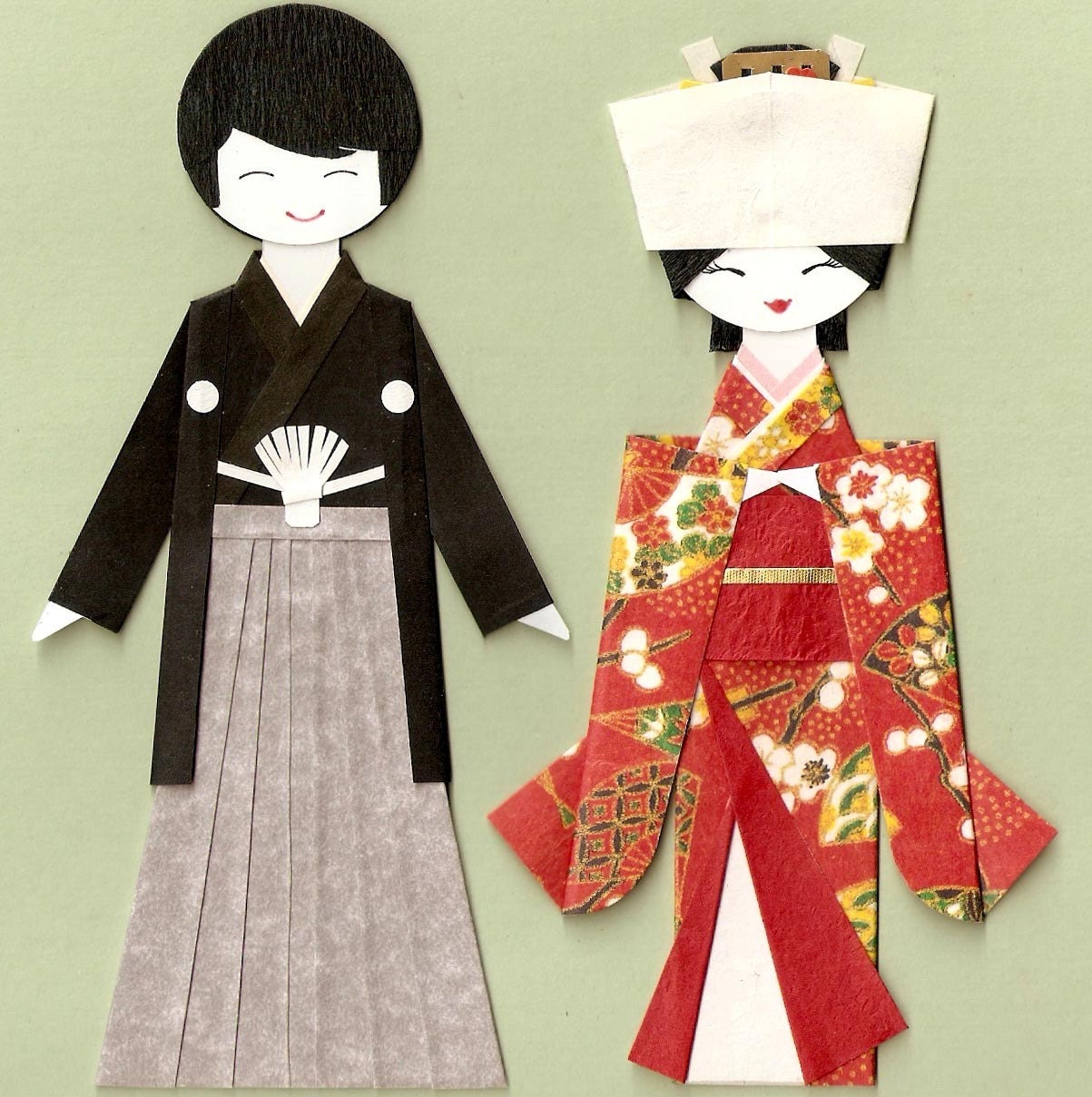 JAPANESE WEDDING BRIDE AND GROOM ORIGAMI PAPER DOLL CARD