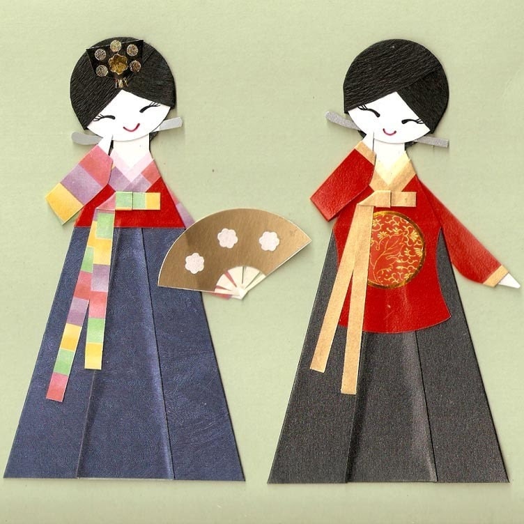 KOREAN ORIENTAL GIRL IN HANBOK AND DANGUI PAPER DOLL CARD