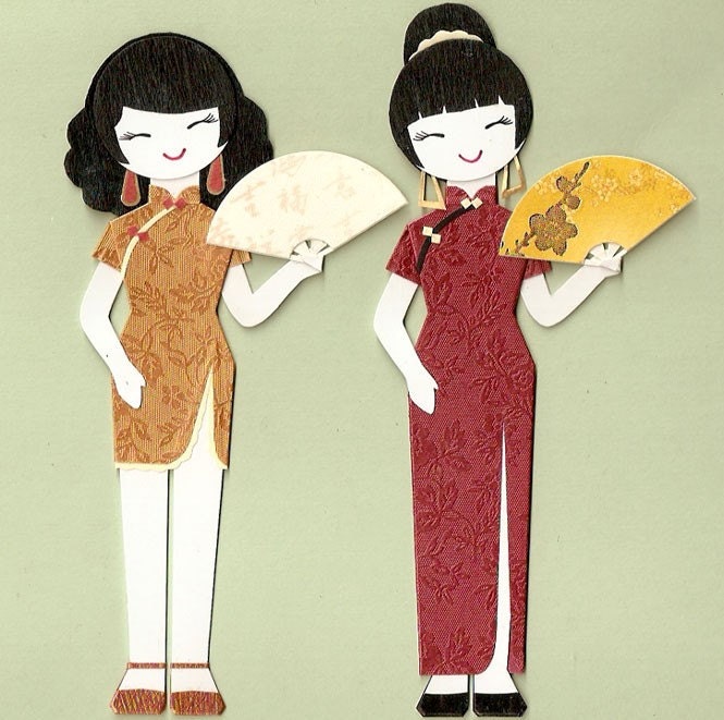 GIRL IN CHINESE CHEONGSAM QIPAO WITH FAN PAPER DOLL CARD