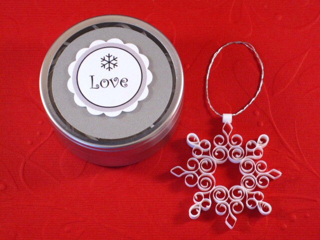 Christmas Decoration: Petite Advent 'Love' mini white quilled snowflake ornament gift packaged winter wedding favor Christmas ornament