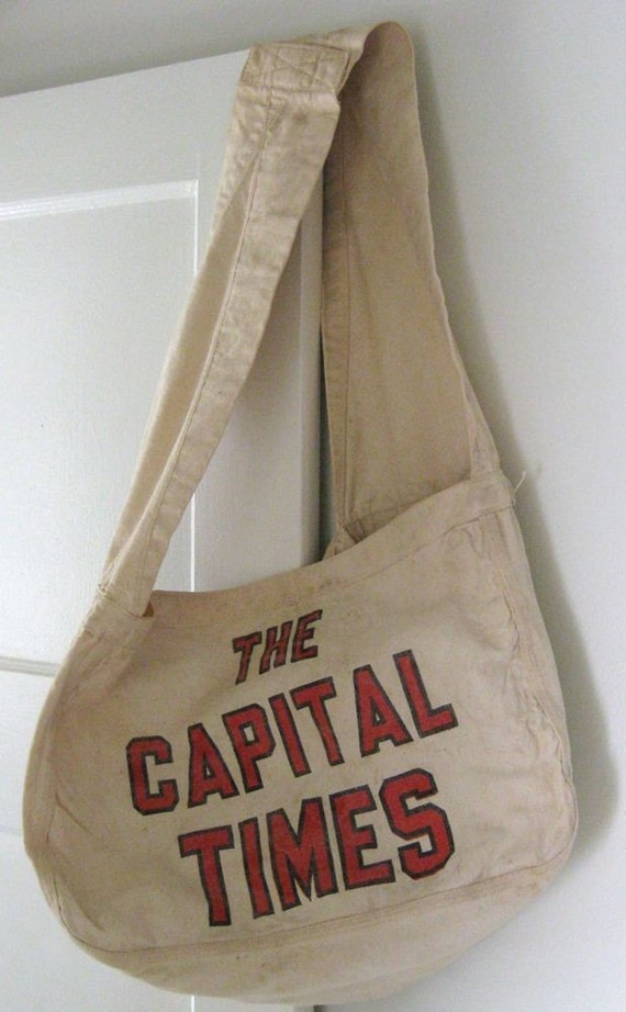 Vintage Canvas Newspaper Carrier Bag Capital by AntiqueCellar