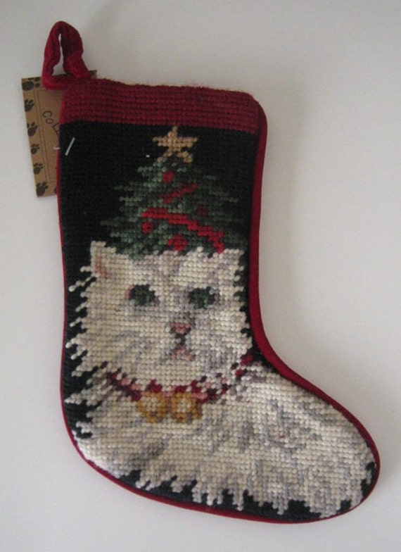 White Cat Needlepoint Christmas Stocking by TWOBEARGIFTS on Etsy