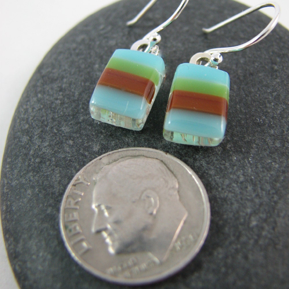 Modern Stripes Fused Glass Earrings Blue Brown Green