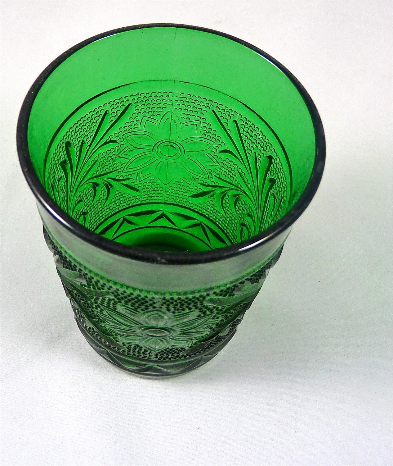 Two Dark Green Sandwich Glass Depression Glass Tumblers