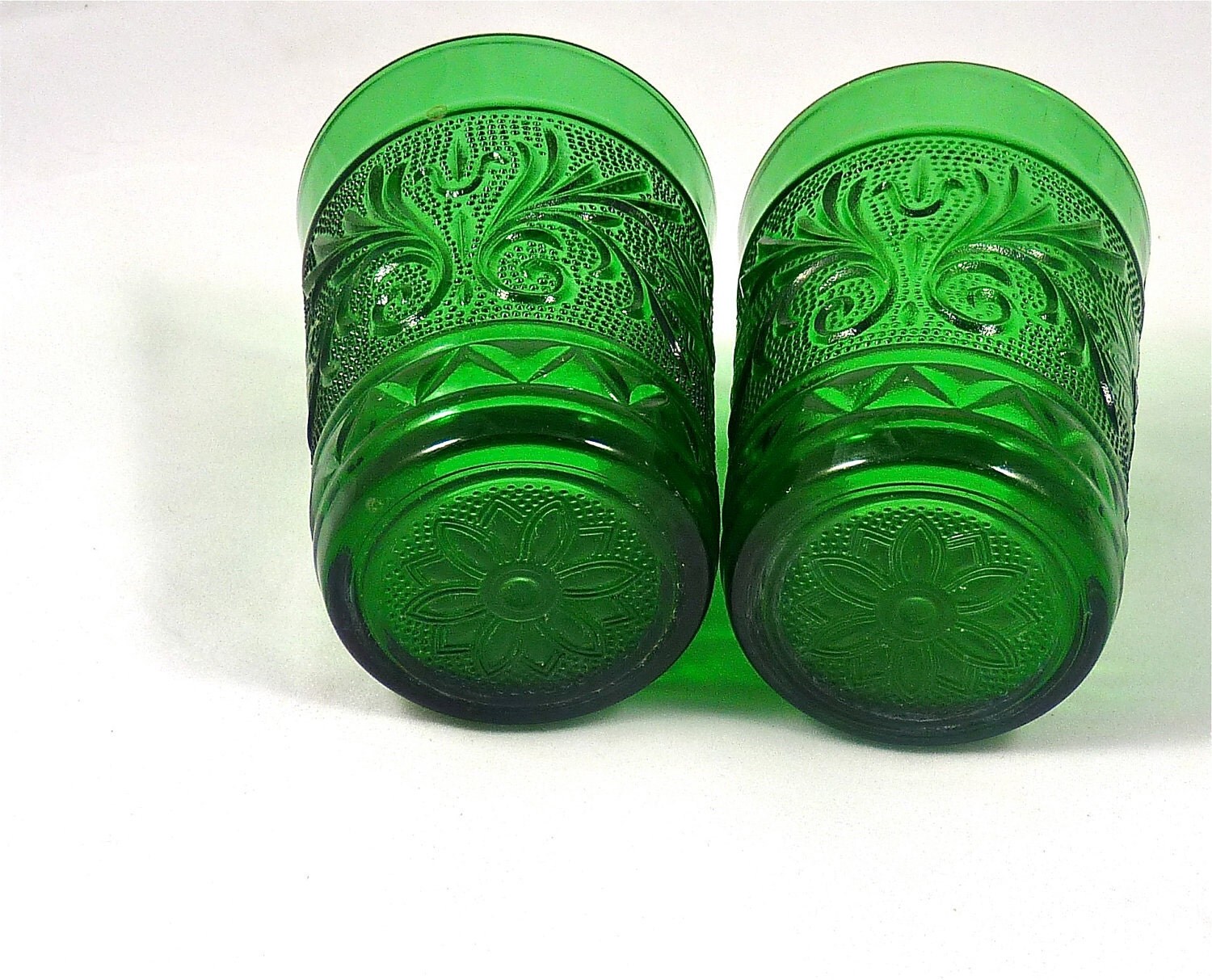 Two Dark Green Sandwich Glass Depression Glass Tumblers