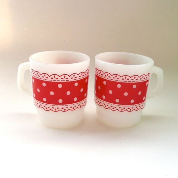 2 FireKing Milk Glass Mugs Red a White Polka by FoundVintageStyle