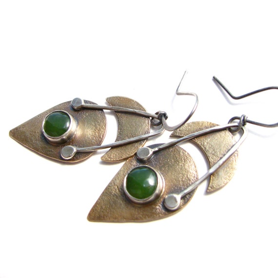 Bronze Silver And Jade Earrings Artisan Metalsmith Jewelry