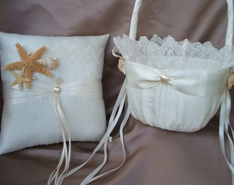 Elegant Bridal Lace Beach Theme Ivory with Accent Pearl Wedding Ring Bearer Pillow and Flower Girl Basket Starfish Seashell Sash