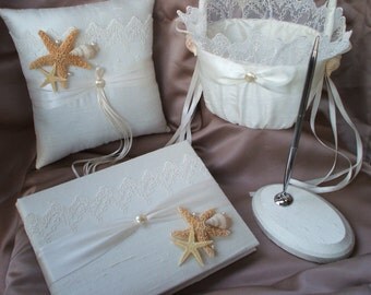 4 pc Elegant Bridal Lace Beach Theme Ivory Pearl Wedding Ring Bearer Pillow Flower Girl Basket Guest Book Pen Stand Starfish Seashell Sash