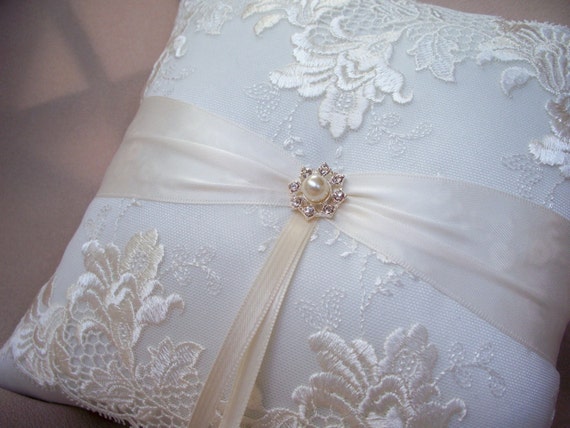 Elegant Ivory Bridal Lace Pearl and Rhinestone Wedding Ring Bearer Pillow