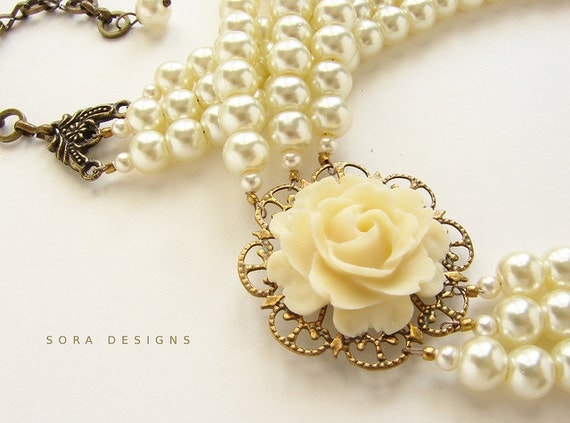Wedding jewelry, Bridal Statement necklace, Ivory Rose triple strands ...
