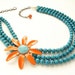 Vintage Tangerine Statement Necklace Enameled Flower Brooch bright orange aqua triple strands turquoise necklace OOAK floral jewelry