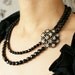 Vintage statement necklace, Jet black flower chocker, Black enamel flower brooch necklace jet black double strands statement necklace